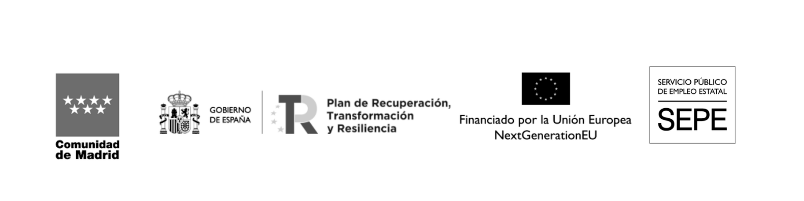 Logotipos de Comunidad de Madrid, Gobierno de España, Plan de Recuperación, Transformación y Resiliencia, Unión Europea NextGenerationEU y SEPE